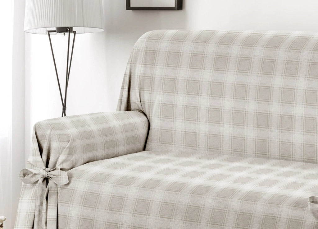 Copridivano Fodera Telo Protezione Divano Con Laccetti Fiocco Varie Fantasie - Poltrona - Scozzese Beige