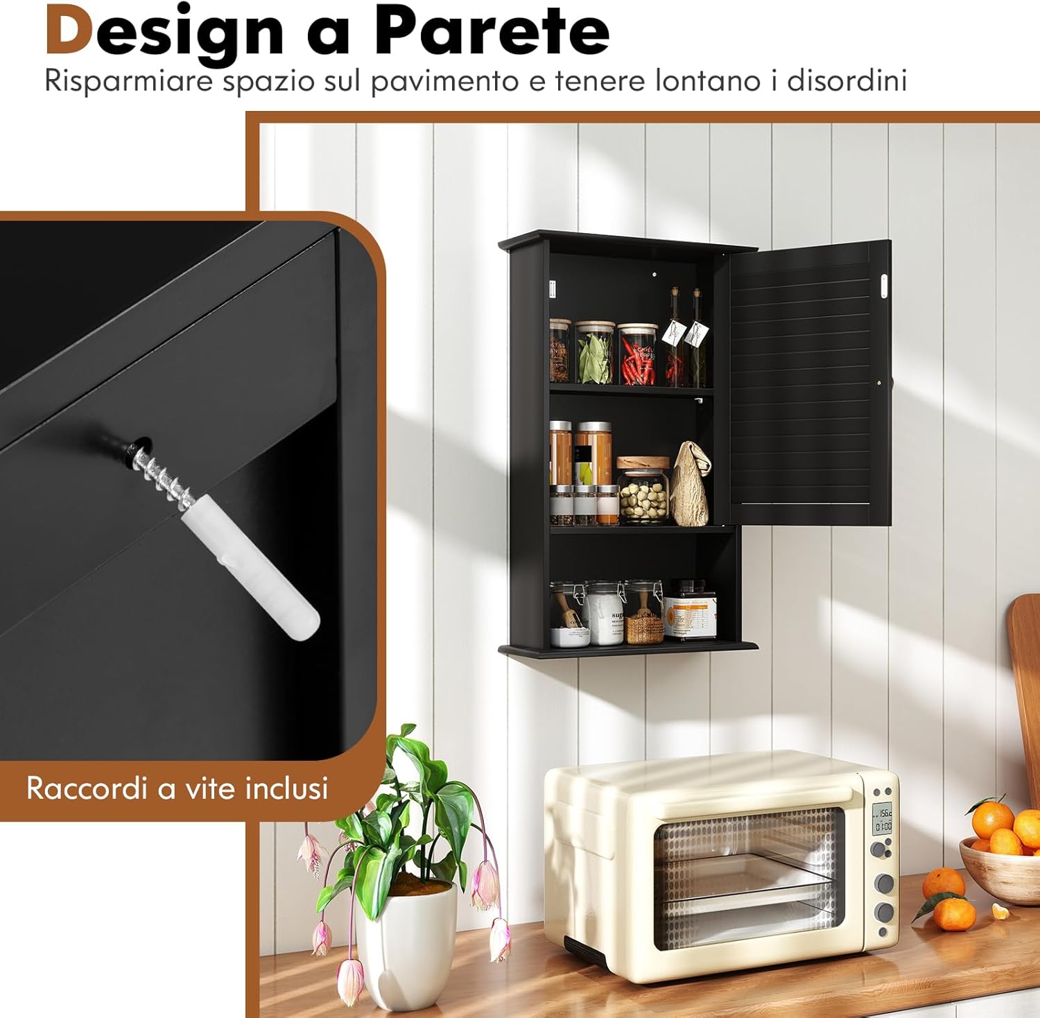 Armadio del Bagno Montato a Muro, Mensola Interna Regolabile, Struttura in MDF di Qualità, Pratico e Salva Spazio, Design Unico (Nero)