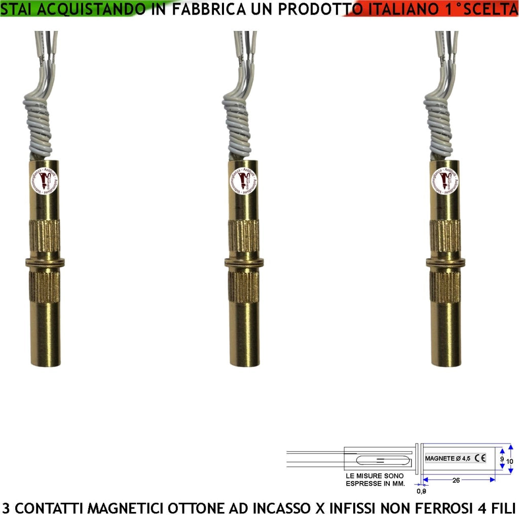 Sensore Magnetico da Incasso Cilindrico Ottone Tre Pezzi Reed NC Collegamento 4 Fili Tensione Transito Max 100 V 10 W Carico Resistivo Antifurto Infissi Non Ferrosi Forma Cilindrica ABS Prot. IP65