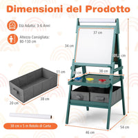 3 in 1 Cavalletto per Bambini, Cavalletto con Doppia Faccia Magnetica e Lavagna Bianca, Rotolo di Carta, 3 Bicchieri per Vernice e 2 Ceste in Tessuto, per Bambini 3-6 Anni (Verde)