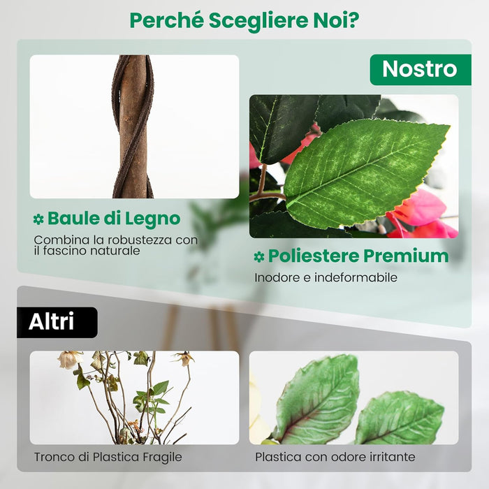 Albero di Buganvillea Artificiale 140 CM, Pianta Finta con 252 Fiori, 630 Foglie e Tronco in Legno Reale, Piante Artificiali in Vaso per Decorazione di Casa e Ufficio