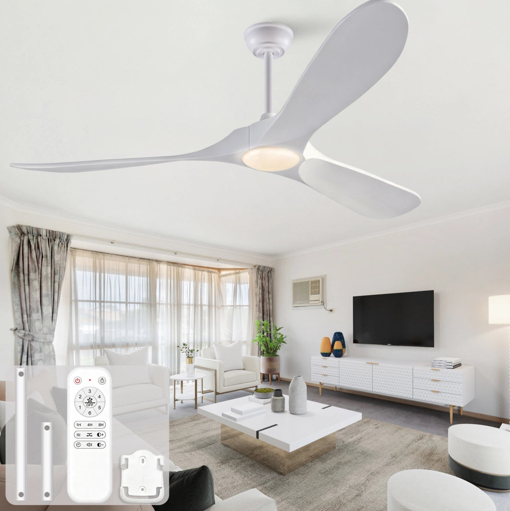 Ventilatore da soffitto 60 pollici con luce LED; telecomando; 3 pale in legno massello; bianco
