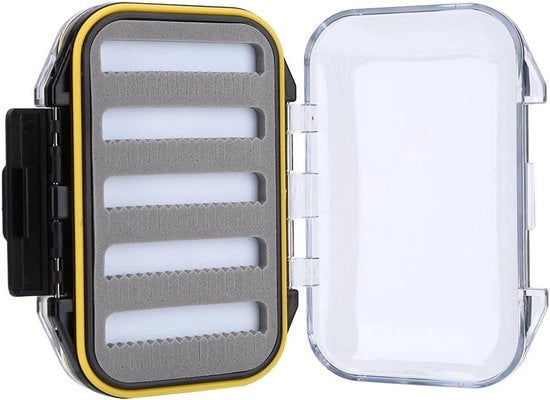 Cassa per pescare in volo impermeabile con riempimento a schiuma e compartimenti regolabili.