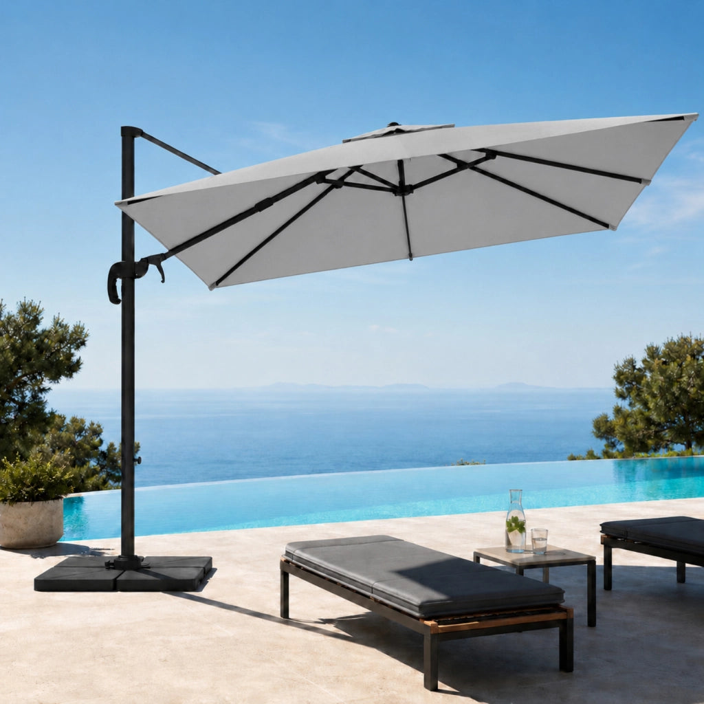 Ombrellone 3x3 M Da Giardino Per Esterni Con Braccio Retrattile Piscina Gazebo Terrazze Bar Hotel Struttura In Acciaio Inossidabile Rotazione Braccio 360° Telo 180 G M2 Impermeabile Resistente Ai Raggi UV Grigio Chiaro