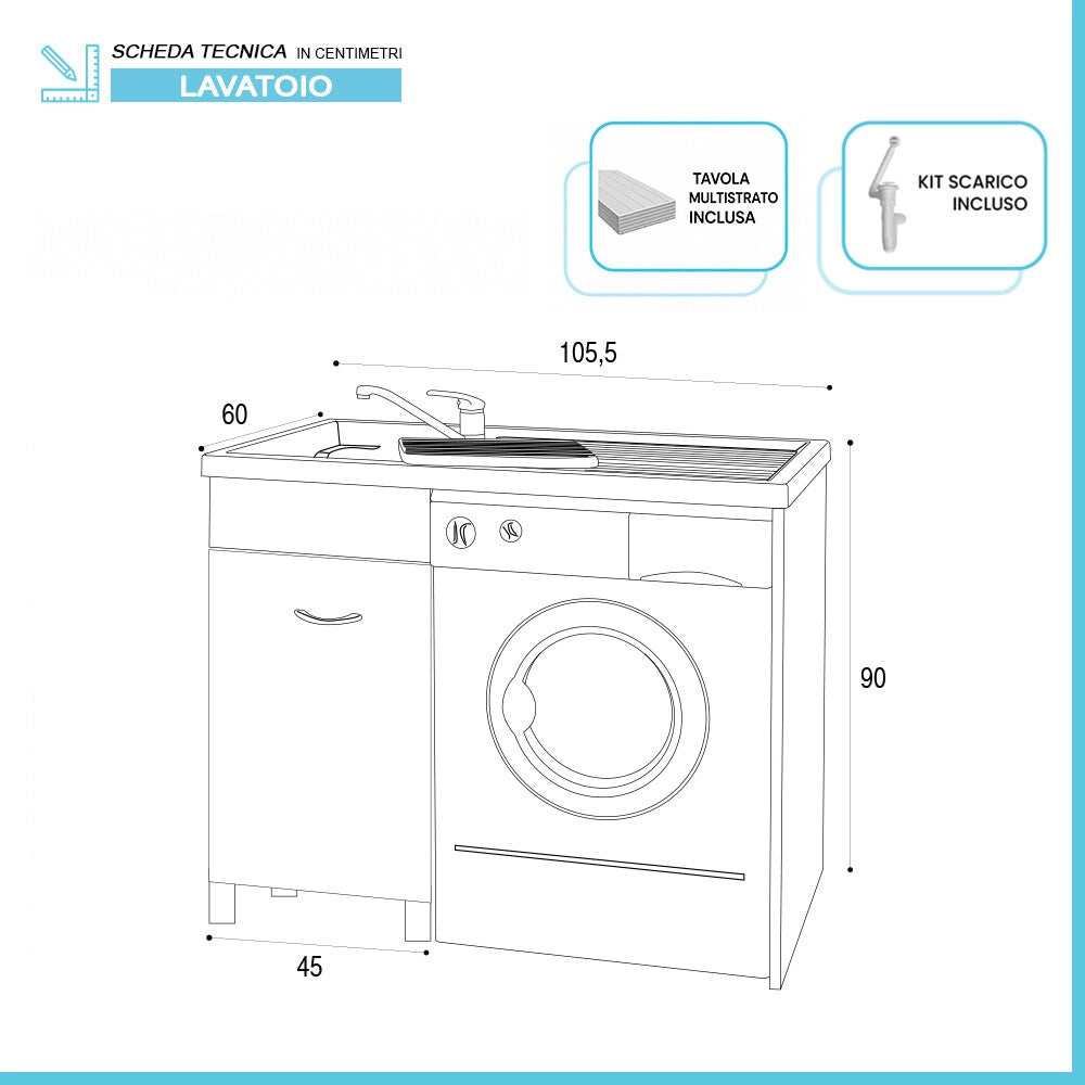 Mobile porta lavatrice 106x60 cm bianco opaco con vasca a sinistra e asse lavapanni incluso Medea
