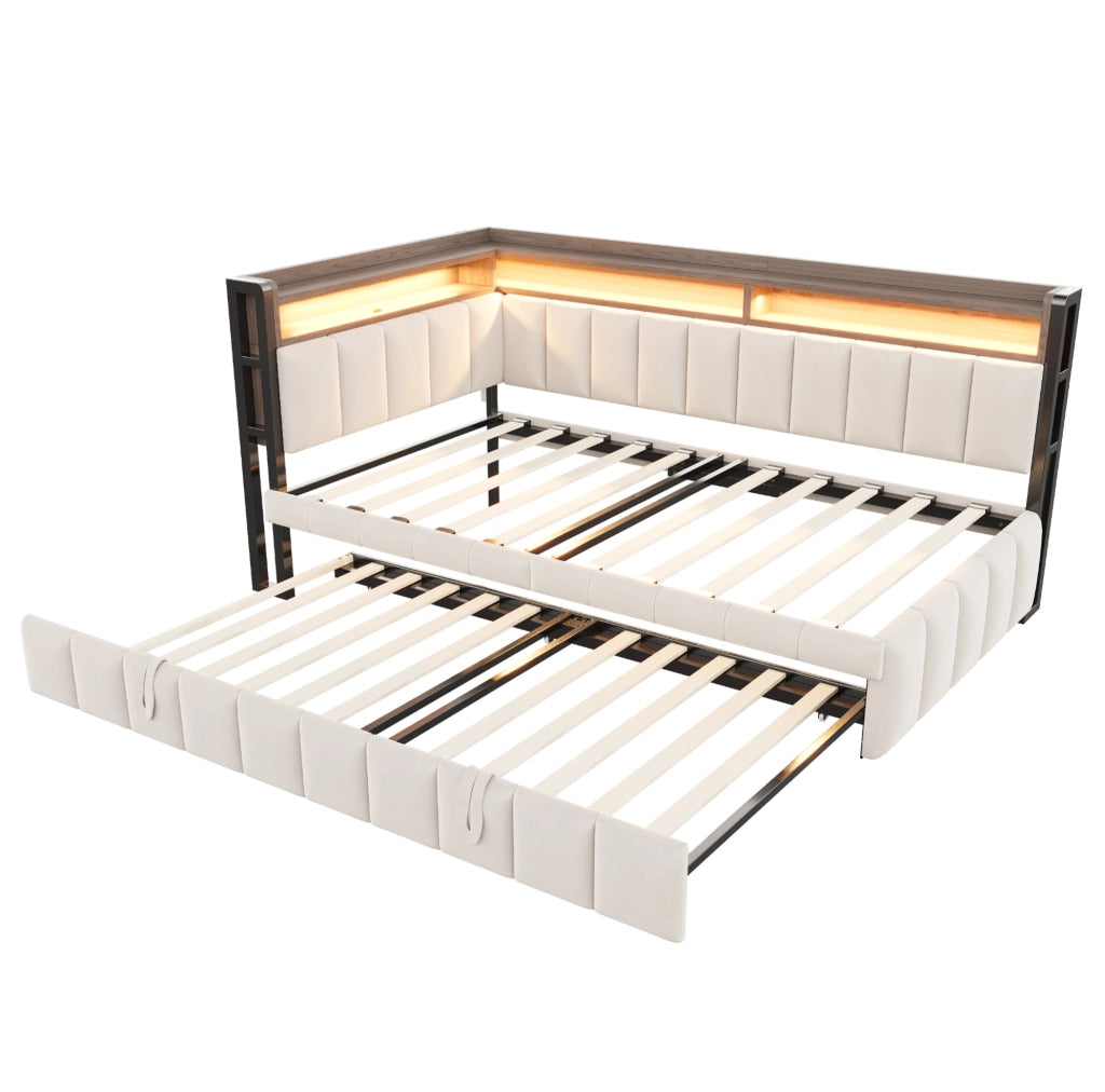 Divano letto estraibile 90x200 cm con LED; USB e USB-C in velluto beige