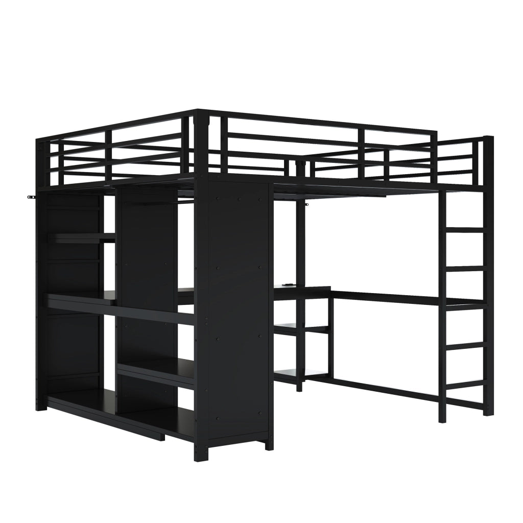 LETTO a soppalco 160x200 cm in metallo nero con scrivania, armadio aperto e LED