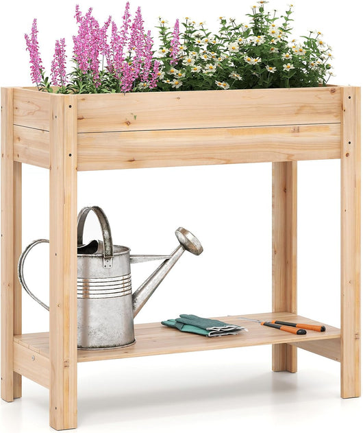 Letto da Giardino Rialzato, Fioriera Elevata con Mensola di Stoccaggio, Drenaggio, Orto in Legno Fiori, Erbe e Verdure per Giardino, Cortile e Patio, 81 x 38 x 77 cm