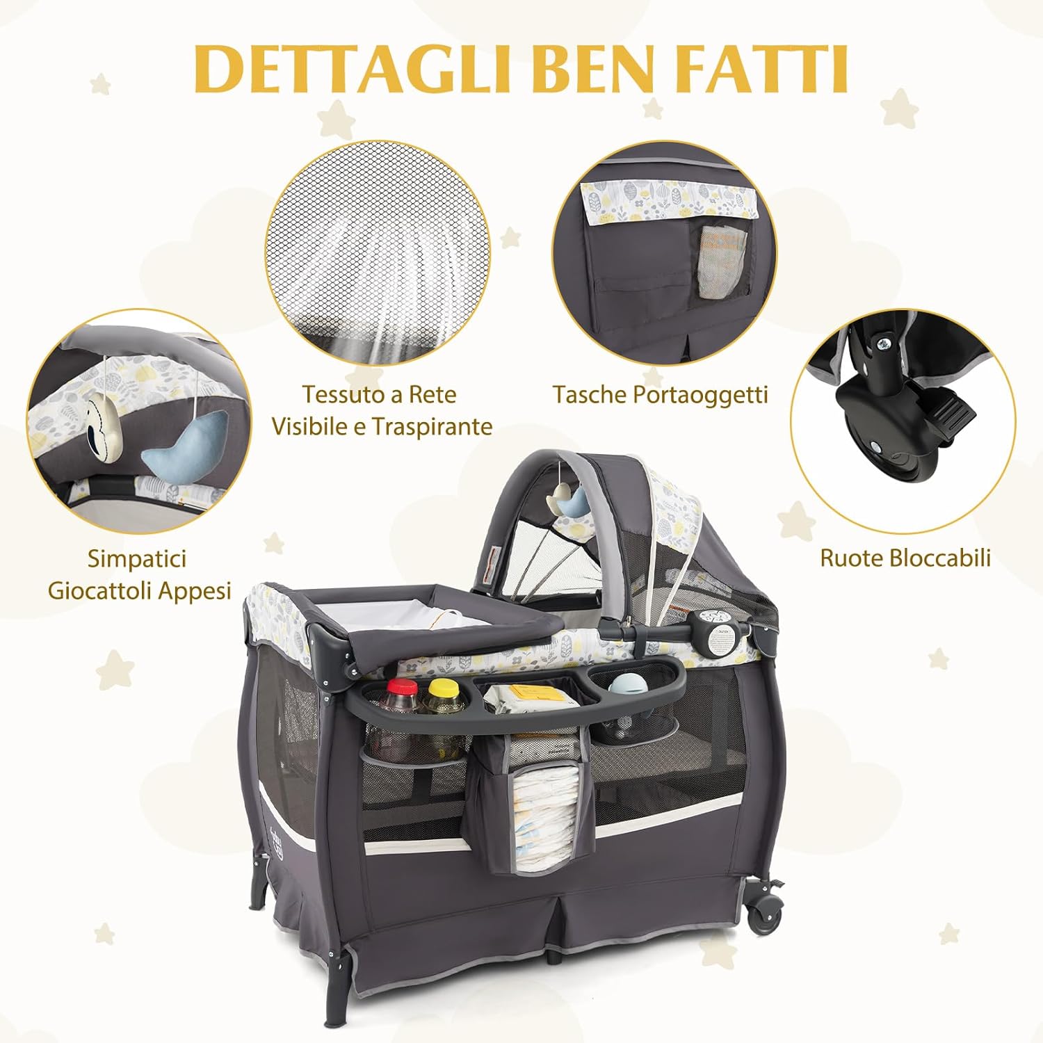 4 in 1 Lettino da Campeggio con Fasciatoio, Lettino Pieghevole per Bambini con Materasso, Centro Neonati con Culla, Box Musicale, Cappottina Regolabile, Borsa da Viaggio (Foglie)