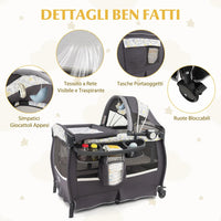 4 in 1 Lettino da Campeggio con Fasciatoio, Lettino Pieghevole per Bambini con Materasso, Centro Neonati con Culla, Box Musicale, Cappottina Regolabile, Borsa da Viaggio (Foglie)