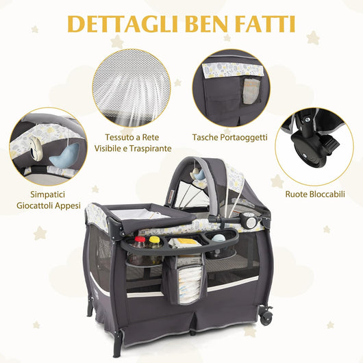 4 in 1 Lettino da Campeggio con Fasciatoio, Lettino Pieghevole per Bambini con Materasso, Centro Neonati con Culla, Box Musicale, Cappottina Regolabile, Borsa da Viaggio (Foglie)