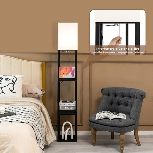 Lampada da Terra con Mensola, Cassetto e Porta USB, Lampadina 5000K LED Inclusa, 3 Regolazioni di Luminosità, Lampada a Stelo per Soggiorno e Camera da Letto