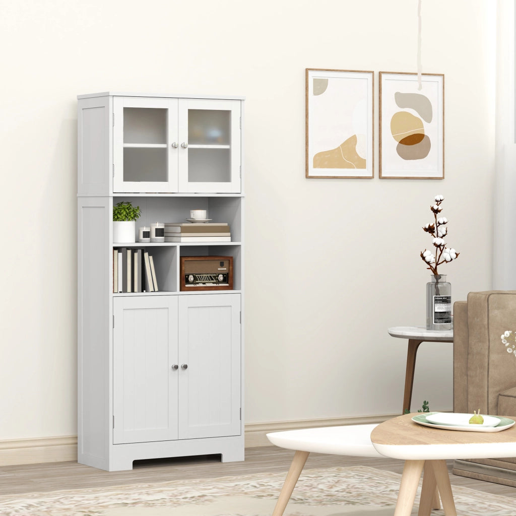 Credenza Bianca con 2 Ante a Vetro e 3 Vani Aperti, Ripiani Regolabili ¨C Zephmum ¨C 60x30x145.5 cm
