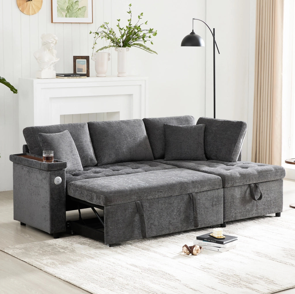 Divano letto angolare destro 3-4 posti con USB e contenitore