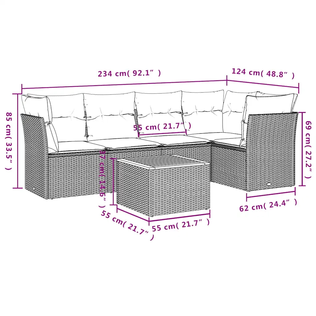 Set Divani da Giardino 6 pz con Cuscini Nero in Polyrattan