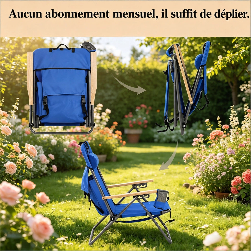 Sedia pieghevole da esterno blu con schienale reclinabile in 4 posizioni e design zaino