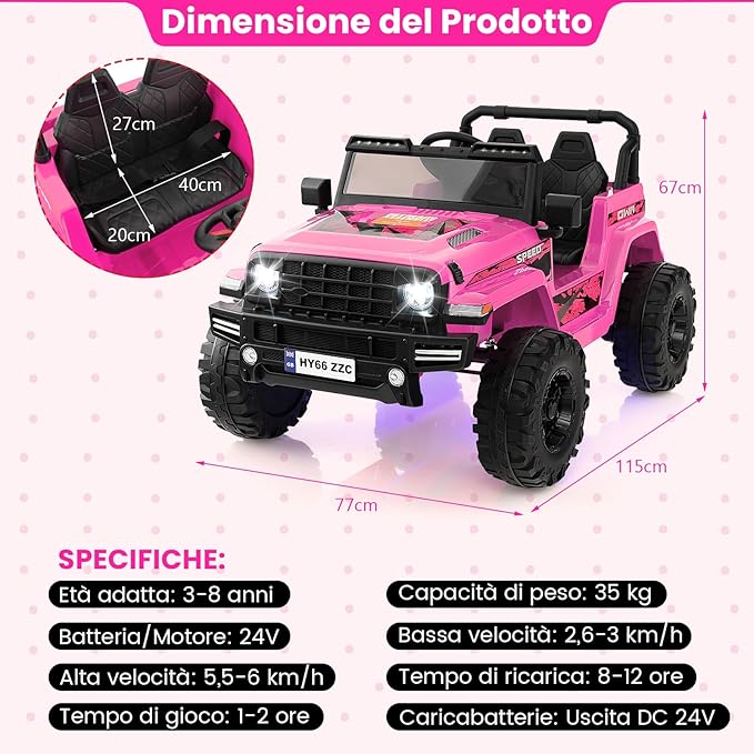 24V Auto per Bambini con Telecomando, Macchina Elettrica con 2 Posti musica Bluetooth luci, 2 Velocità Regolabile, Regalo per Bambini 3-8 Anni (Rosa)