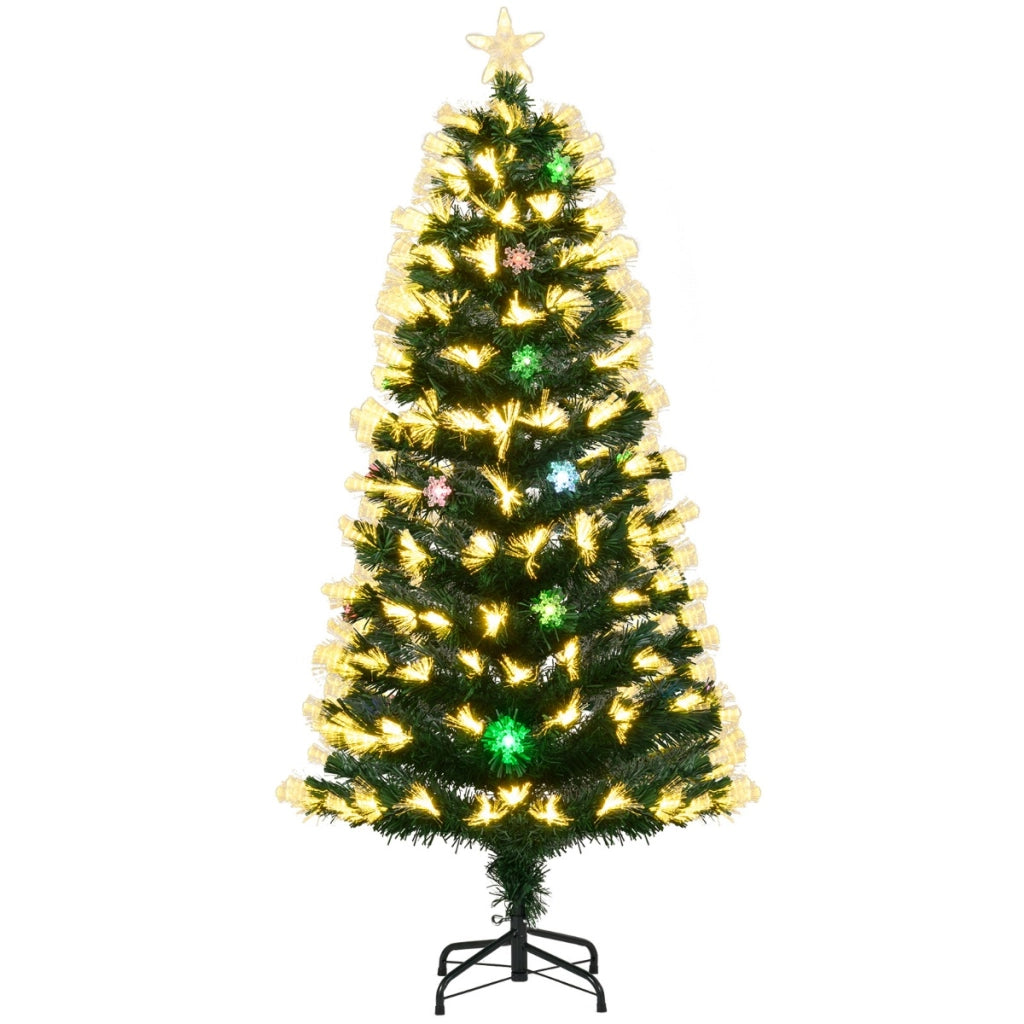 Albero di natale artificiale preilluminato con 8 modalit¨¤ di illuminazione-Albero di natale in fibra ottica con base in metallo pieghevole da 150 cm