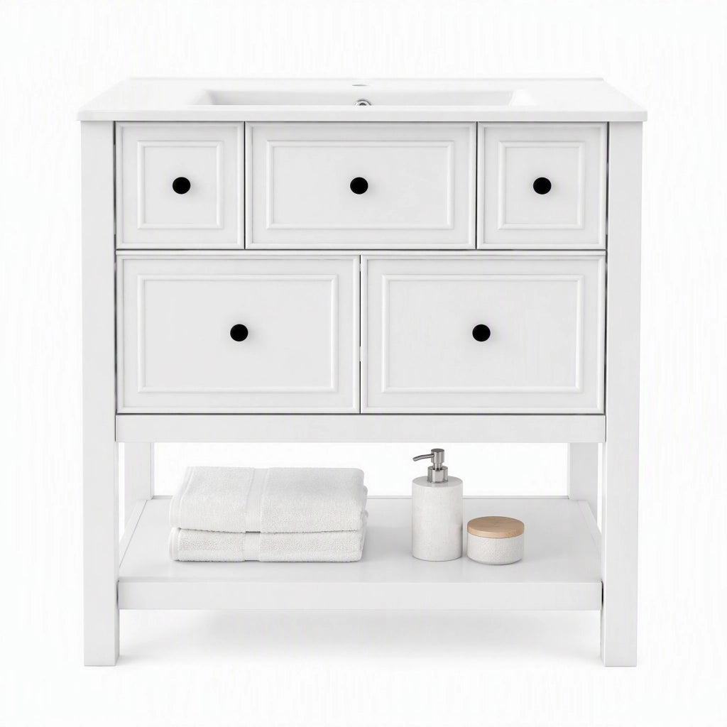 Mobile sottolavabo con lavabo in ceramica e 5 cassetti - per bagno - 76×46.5×82 cm - bianco