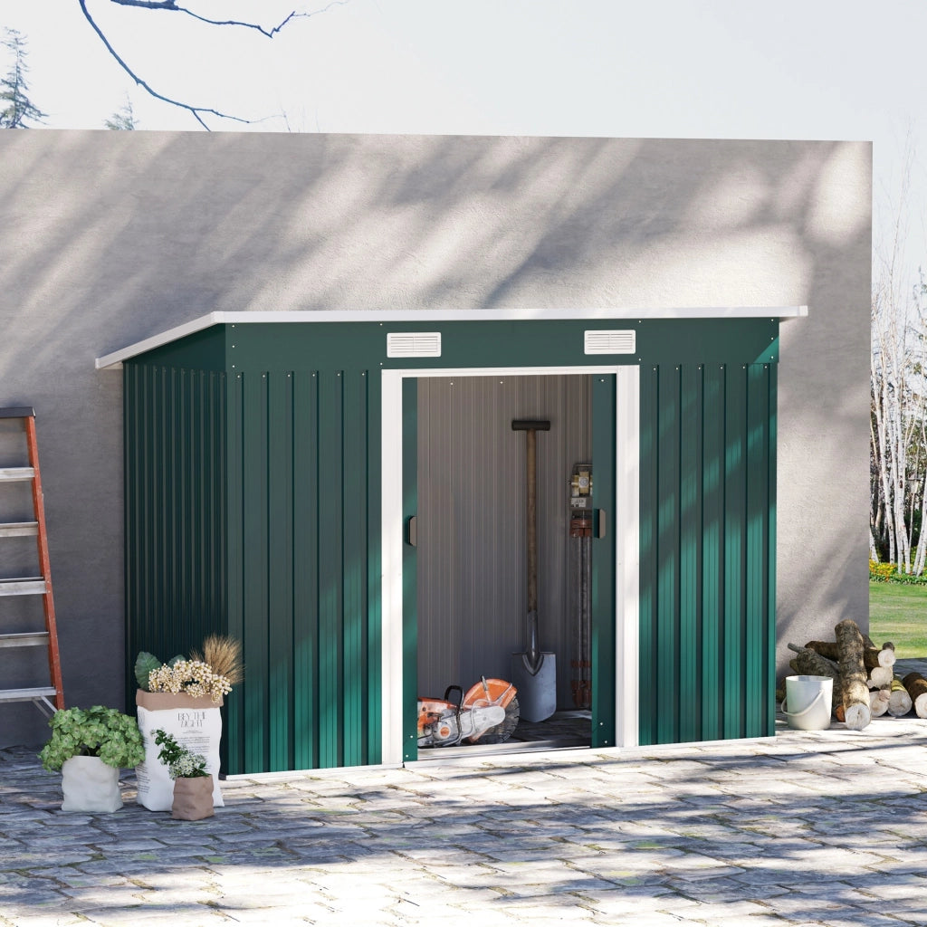EasyComfort Capanno da Giardino con 2 Porte Scorrevoli e Tetto Inclinato in Lamiera d'Acciaio, 261x133x182cm, Verde