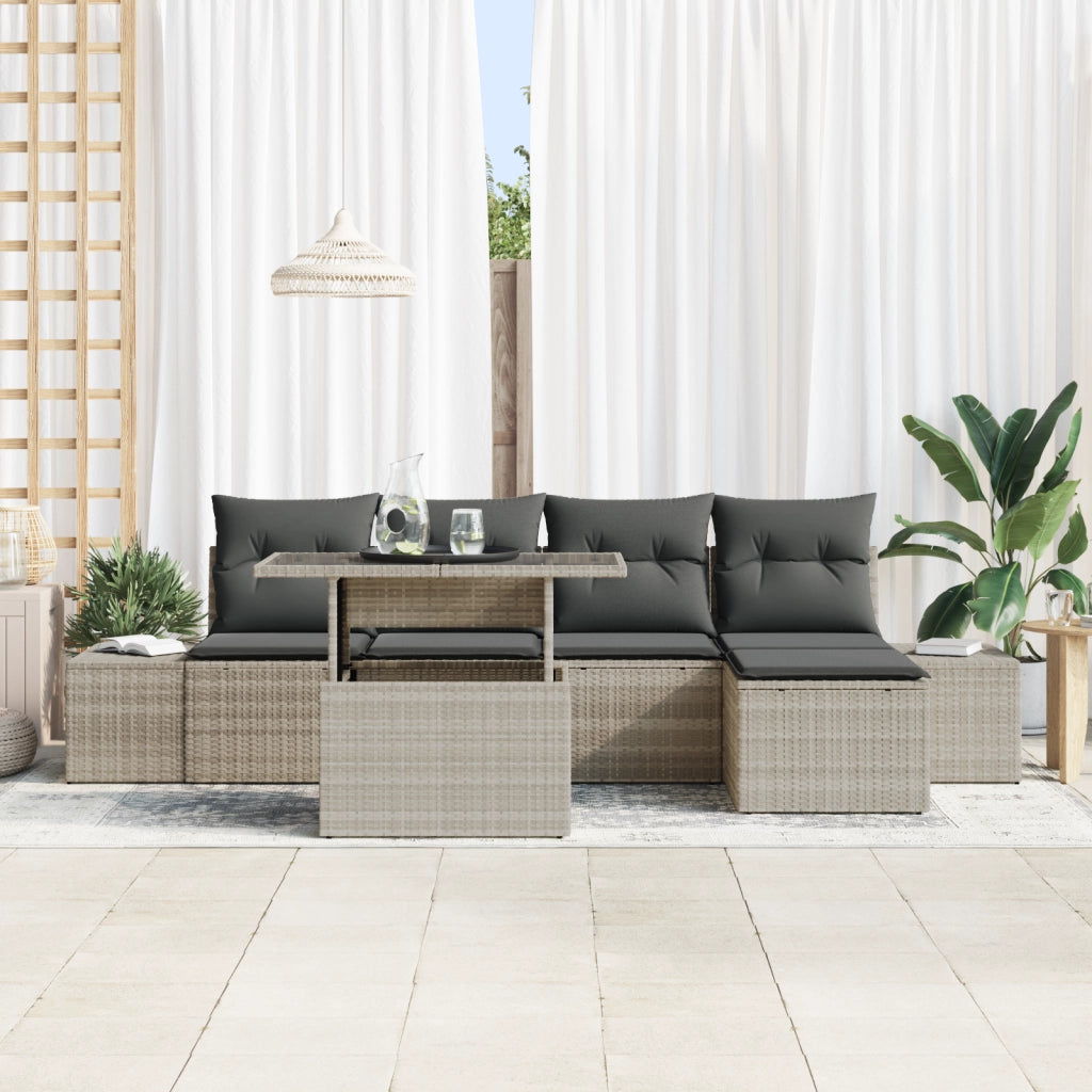 Set Divano da Giardino 6 Pezzi con Cuscini Grigio Chiaro in Polyrattan
