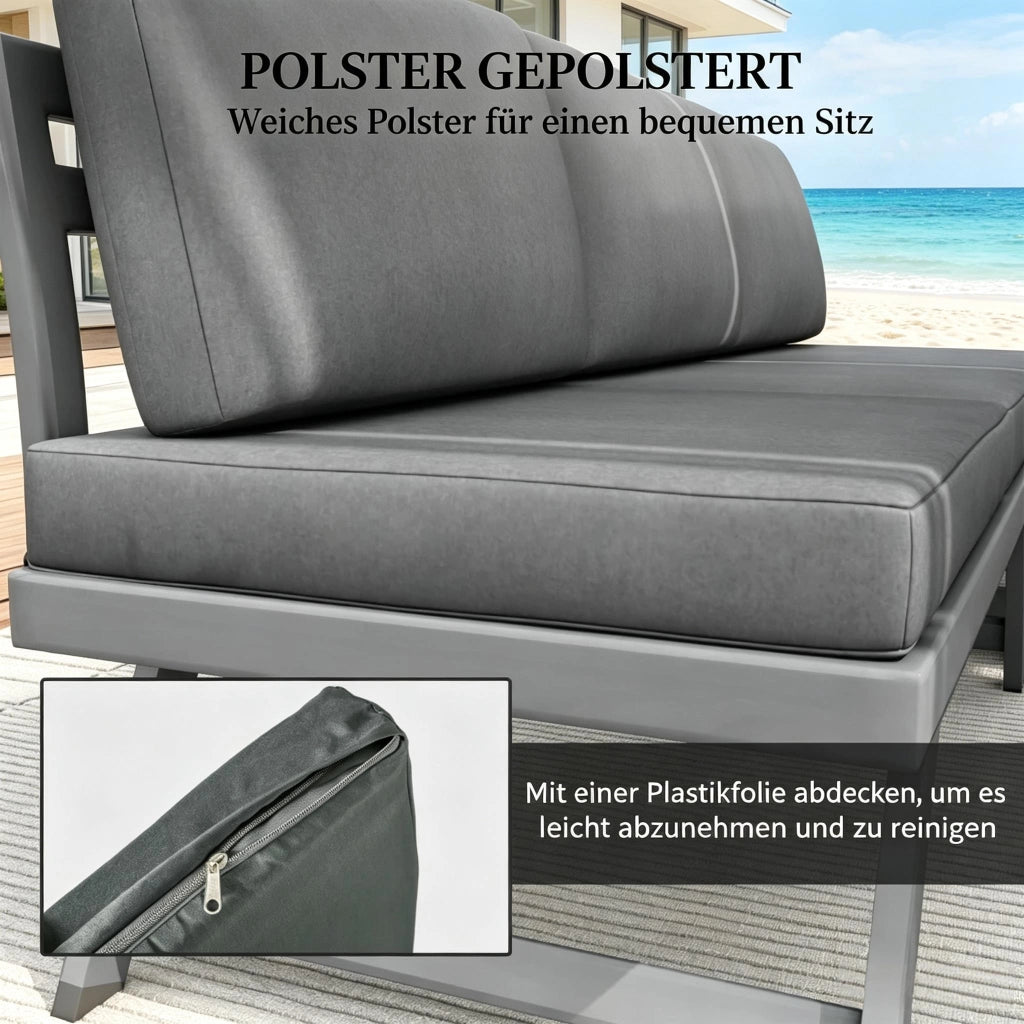 Set lounge da giardino 4 pezzi 5 posti in acciaio e alluminio grigio con cuscini e funzione reclinabile