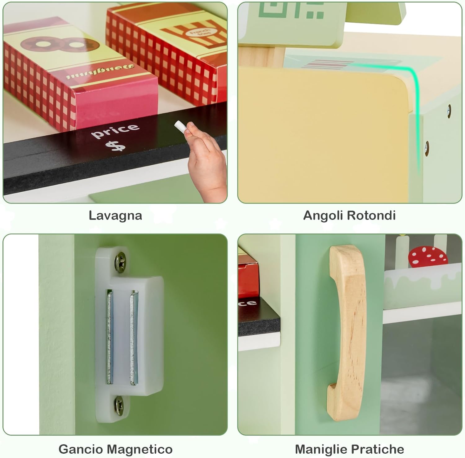 Set di Giocattoli in Legno per il Supermercato, Negozio Alimentare per Bambini con Bancone Cassa, POS, Distributore Automatico, per Bambini 3 - 8 Anni (Verde)
