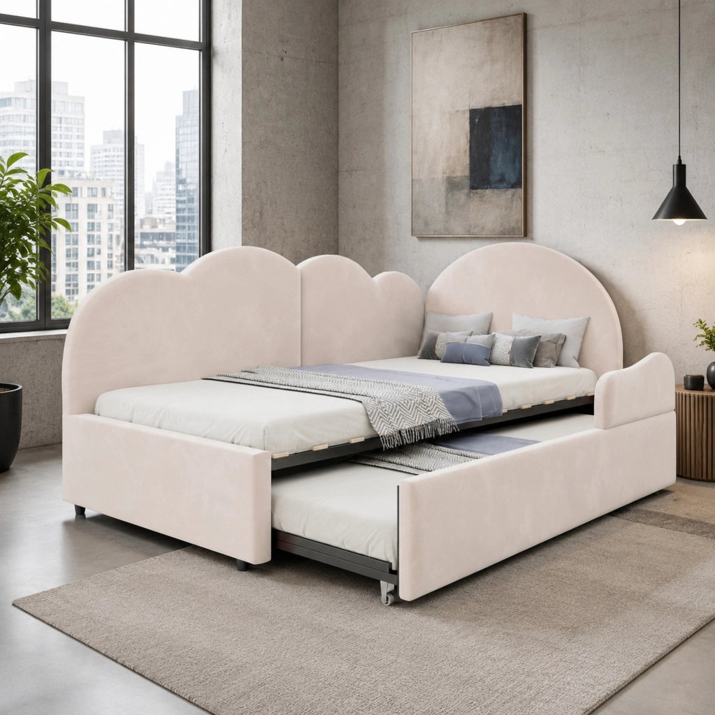 Letto a Divanetto 90x200 cm e 180x200 cm; Estraibile; Testiera a Nuvola in Velluto Beige