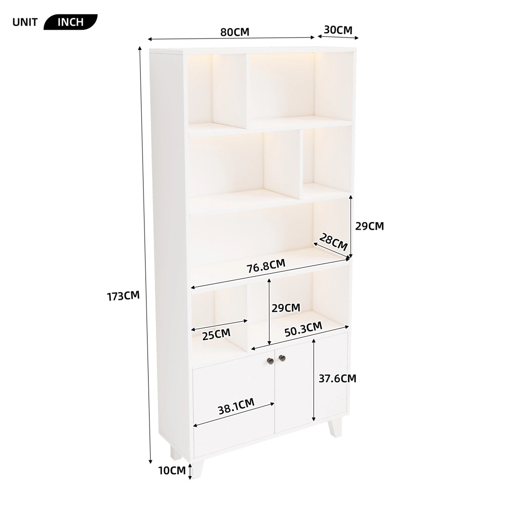 Libreria 80 x 30 x 173 cm con luci LED, 7 scomparti, ante doppie e struttura in MDF con piedi in legno massello