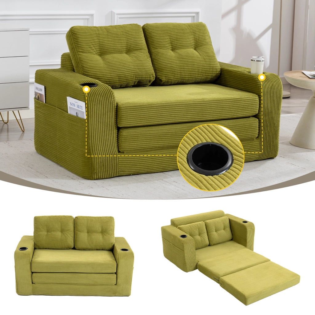 divano modulare 2 posti in velluto a coste con braccioli; portabicchieri e tasche laterali; oliva 136 Ã— 80 Ã— 82.5 cm