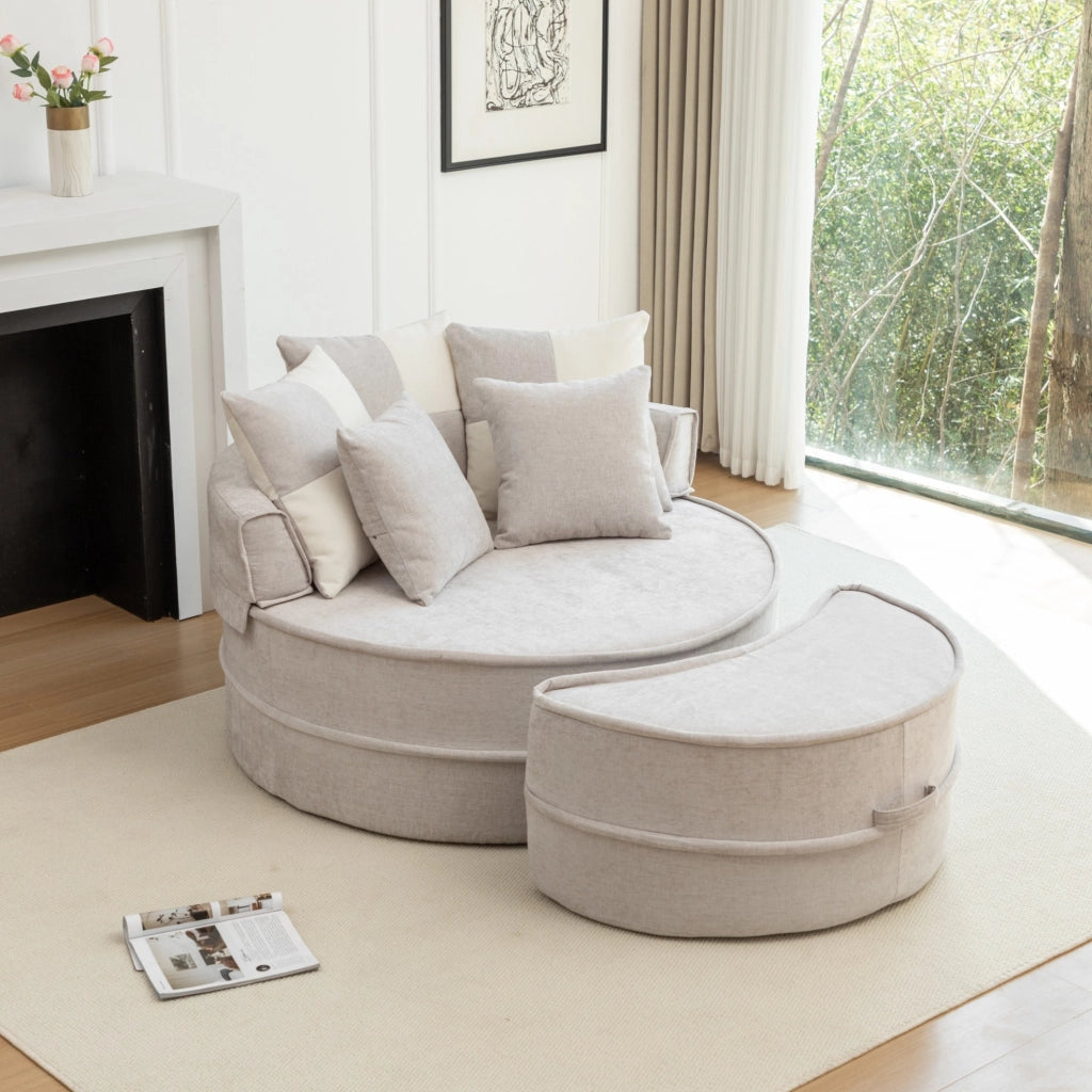 Chaise longue rotonda in ciniglia grigia con ottomana e 5 cuscini