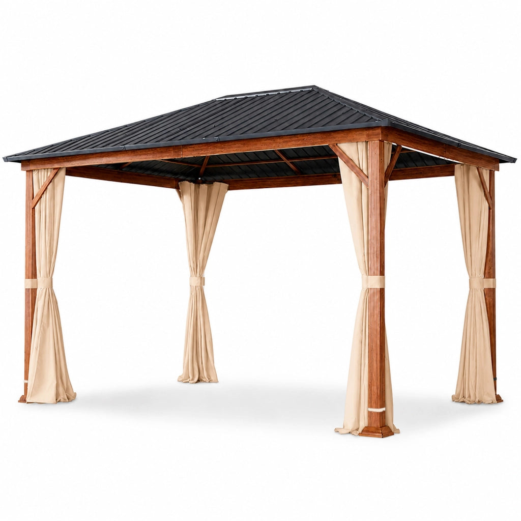 Gazebo 3X4 Metri Per Giardino Con Tetto In Acciaio Zincato Struttura Effetto Legno Tende Laterali Impermeabile Per Outdoor Patio Terrazza 300 X 400 X 295 Cm Effetto Legno E Beige