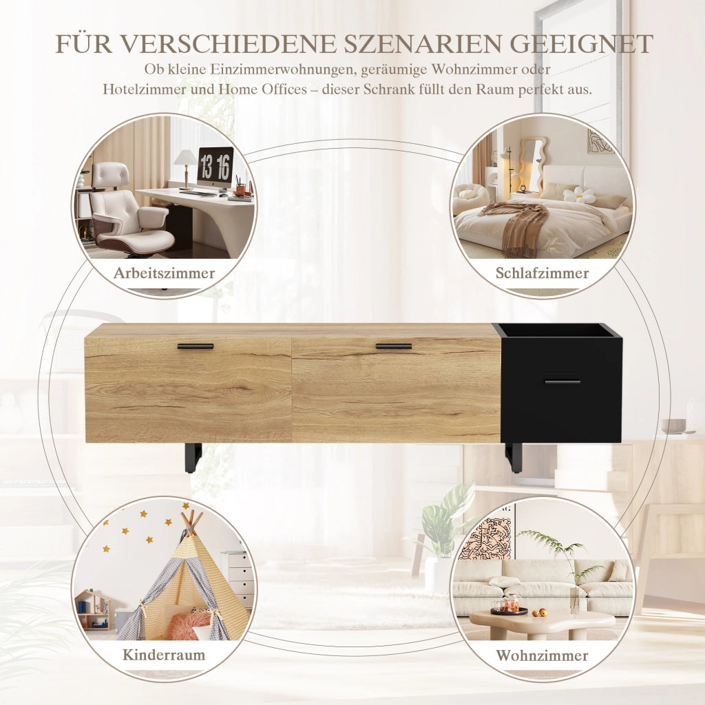 MOBILE TV 180x38x49 cm in legno ingegnerizzato nero e tono legno con LED