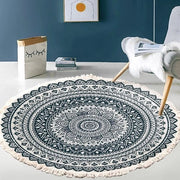 Tappeto Vintage Boho con Disegno Mandala - Lavabile - Telaio Manuale - Panno Circolare con Piume - 80 cm - Poliestere/Cotone