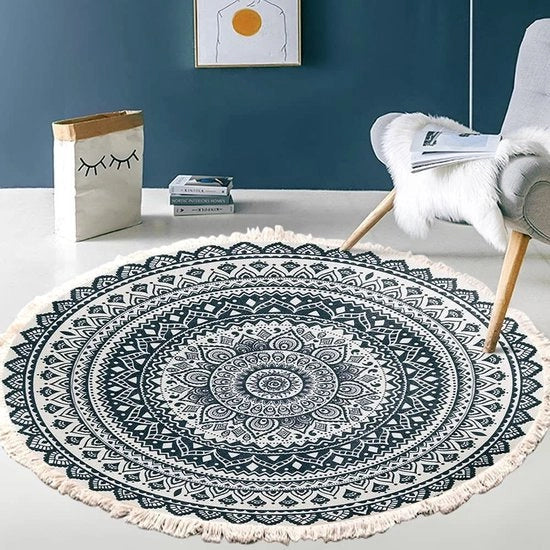 Tappeto Vintage Boho con Disegno Mandala - Lavabile - Telaio Manuale - Panno Circolare con Piume - 80 cm - Poliestere/Cotone