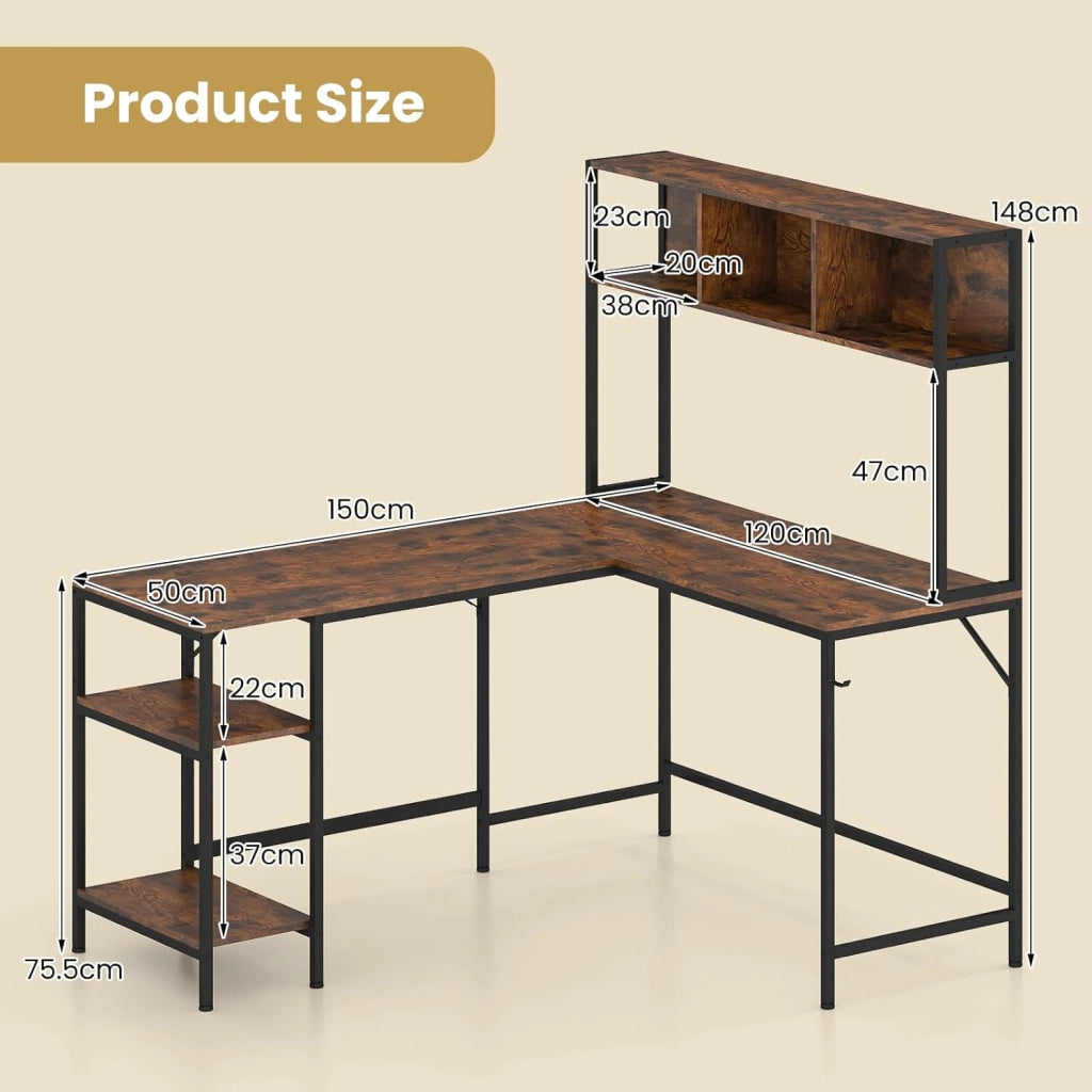 Scrivania a Forma di L in Legno con Libreria, Mensole Laterali e Gancio, Telaio Metallico, Scrivania per Computer Angolare con Piedini Antiscivolo Regolabili per Studio e Ufficio (Marrone)