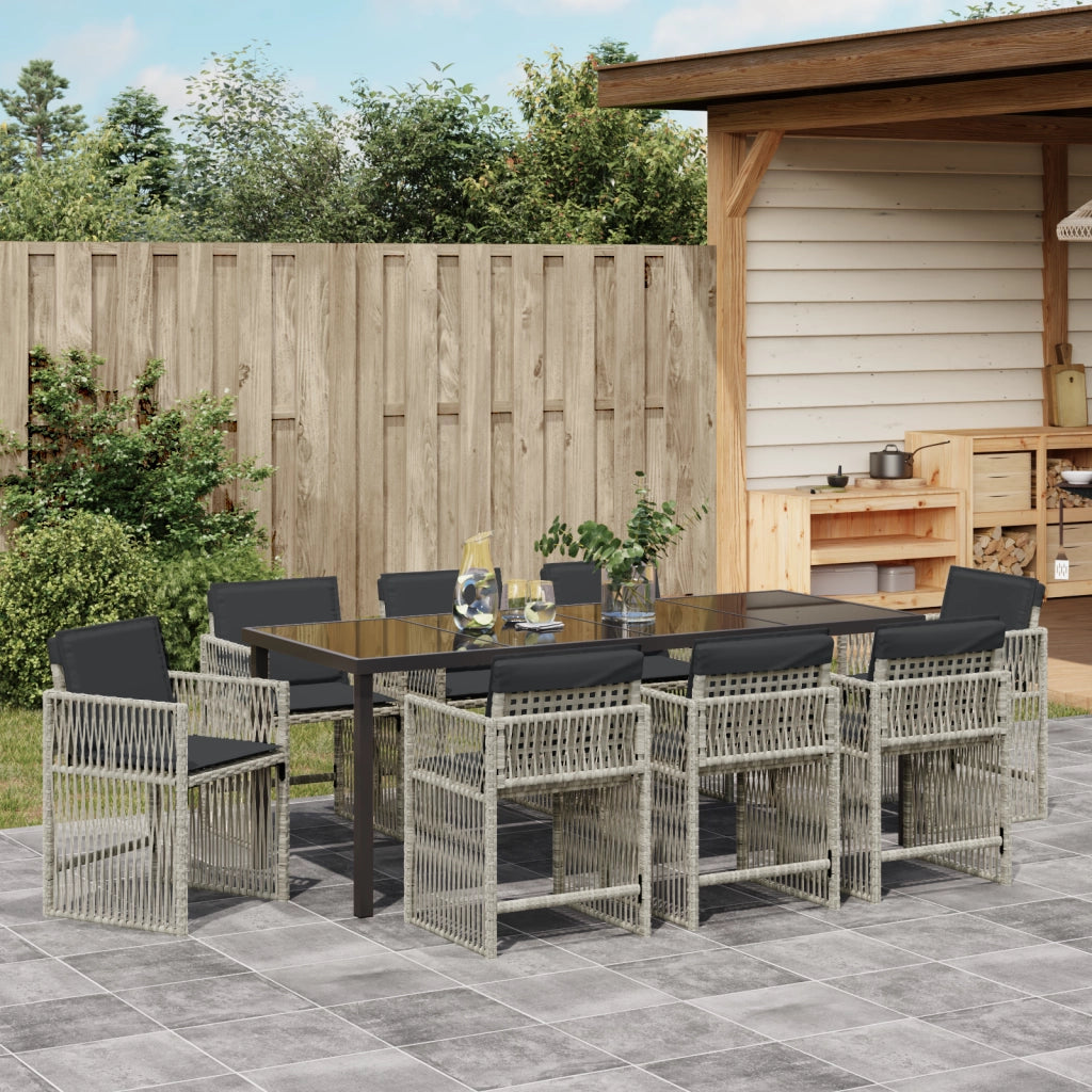 Set da Pranzo da Giardino 9 Pezzi con Cuscini Grigio Chiaro in Poly Rattan