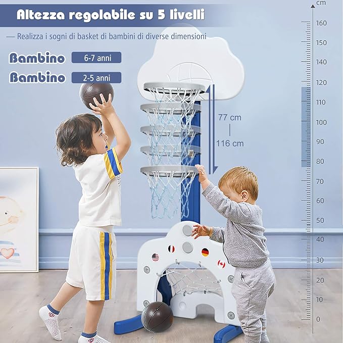 Basket per Bambini Centro attività Multifunzione - Palla Canestro, Calcio e Golf, Mazza da Golf e Palle incluese, per Bambini, Altezza Regolabile (Nuvola Bianca)