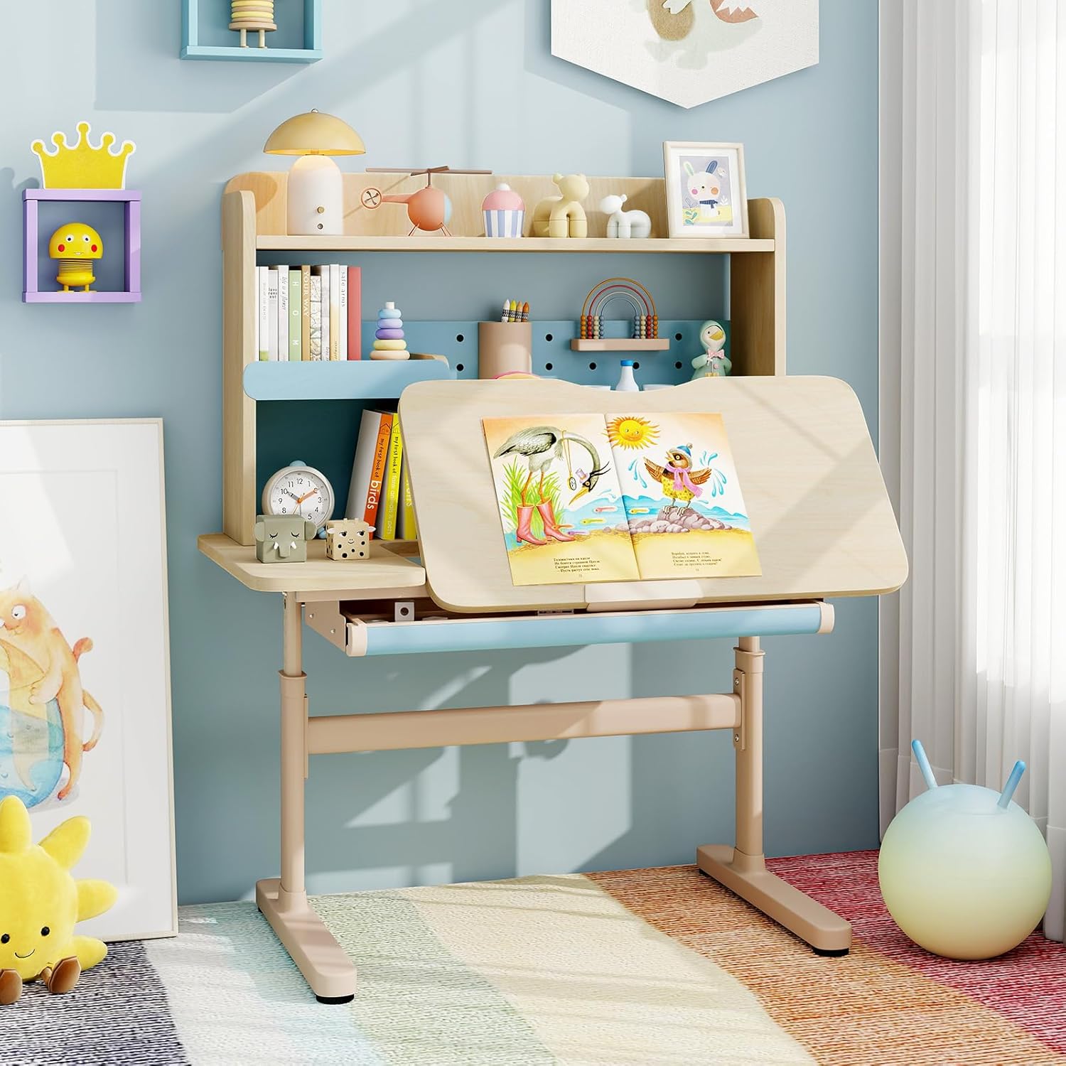 Scrivania per Bambini 3+ Anni, Tavolo da Studio Regolabile in Altezza con Libreria e Cassetto, Piano Inclinabile, Mensole, Leggio e Portapenne, Scrivania per Studiare (Blu)