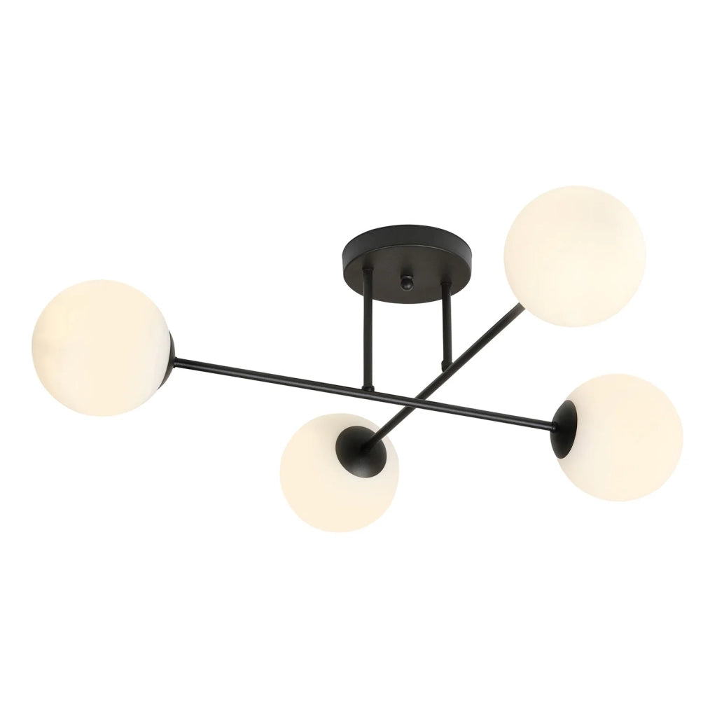Plafoniera Moderna Morrigan 4 Luci In Acciao Nero E Sfere In Vetro Bianco