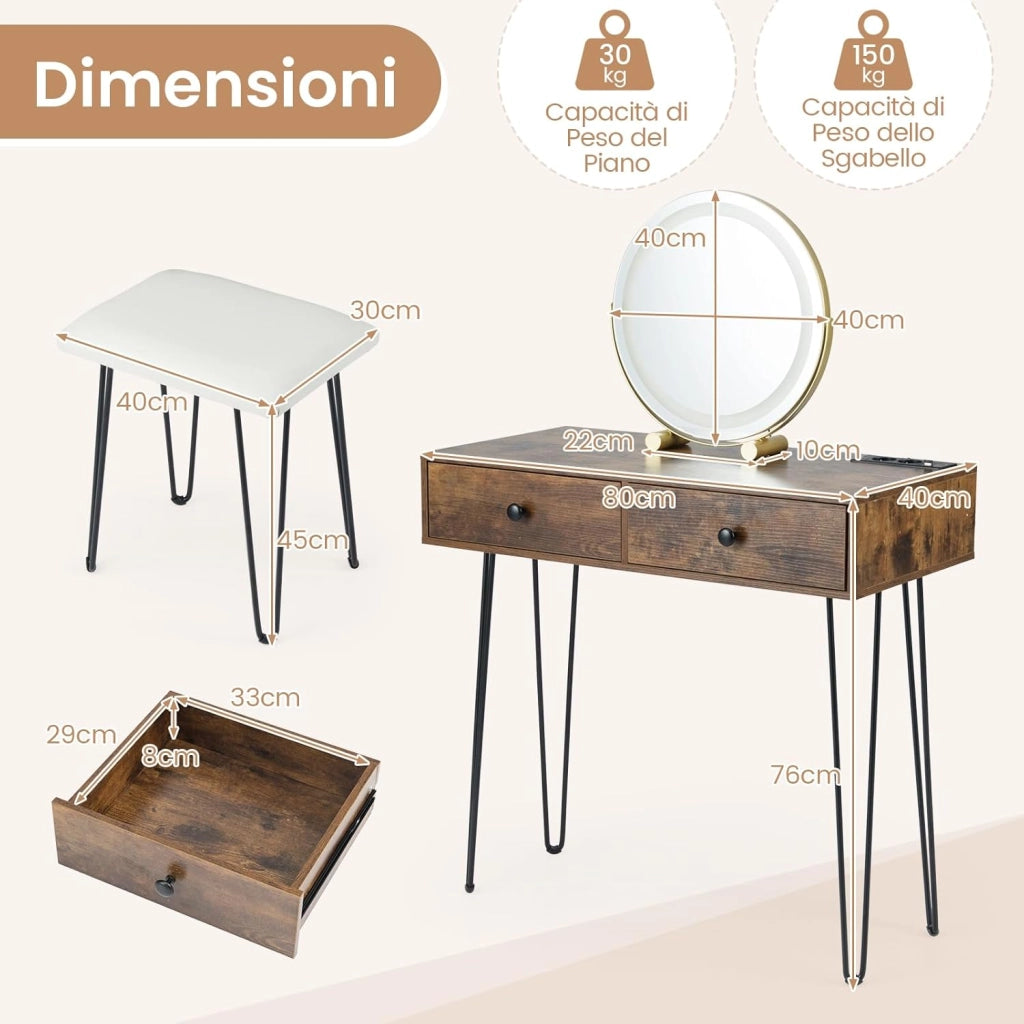 Toeletta Trucco con Specchio e Luci, Tavolo Trucco con Specchio Regolabile, Stazione di Ricarica Integrata, 2 Cassetti, Sgabello Imbottito, per Soggiorno Camera da Letto