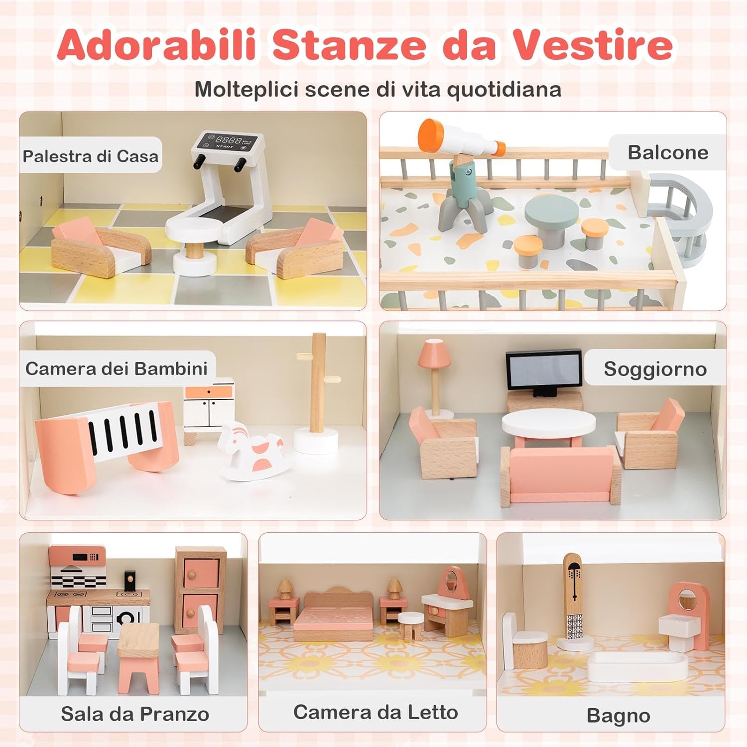 Casa delle Bambole in Legno, Casa delle Bambole a 3 Piani con 41 Mobili e Accessori, per Bambini 3 Anni+, 87 x 32 x 94 cm