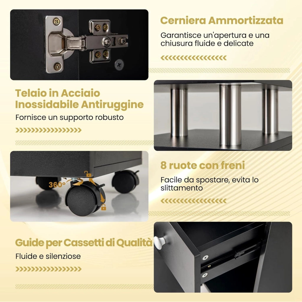 Tavolo Manicure con Aspirapolvere, Tavolo Unghie con Cassetti, Spina, 3 Sacchetti, Armadietto, Cuscino Poggia Polso e 8 Ruote blocabili, Banco Ricostruzione Unghie in Legno (Nero)