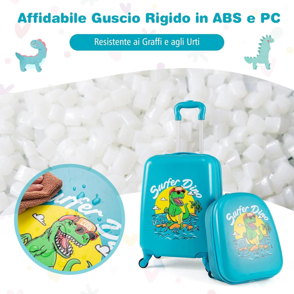 Set di 2 Valigia per Bambini, 17" Valigia+ 13" Zaino, con Ruote Girevoli a 360°, Maniglia Retrattile e Spallacci Regolabili, Ideale per Viaggiare in Modo Comodo e Divertente (Modello 1)