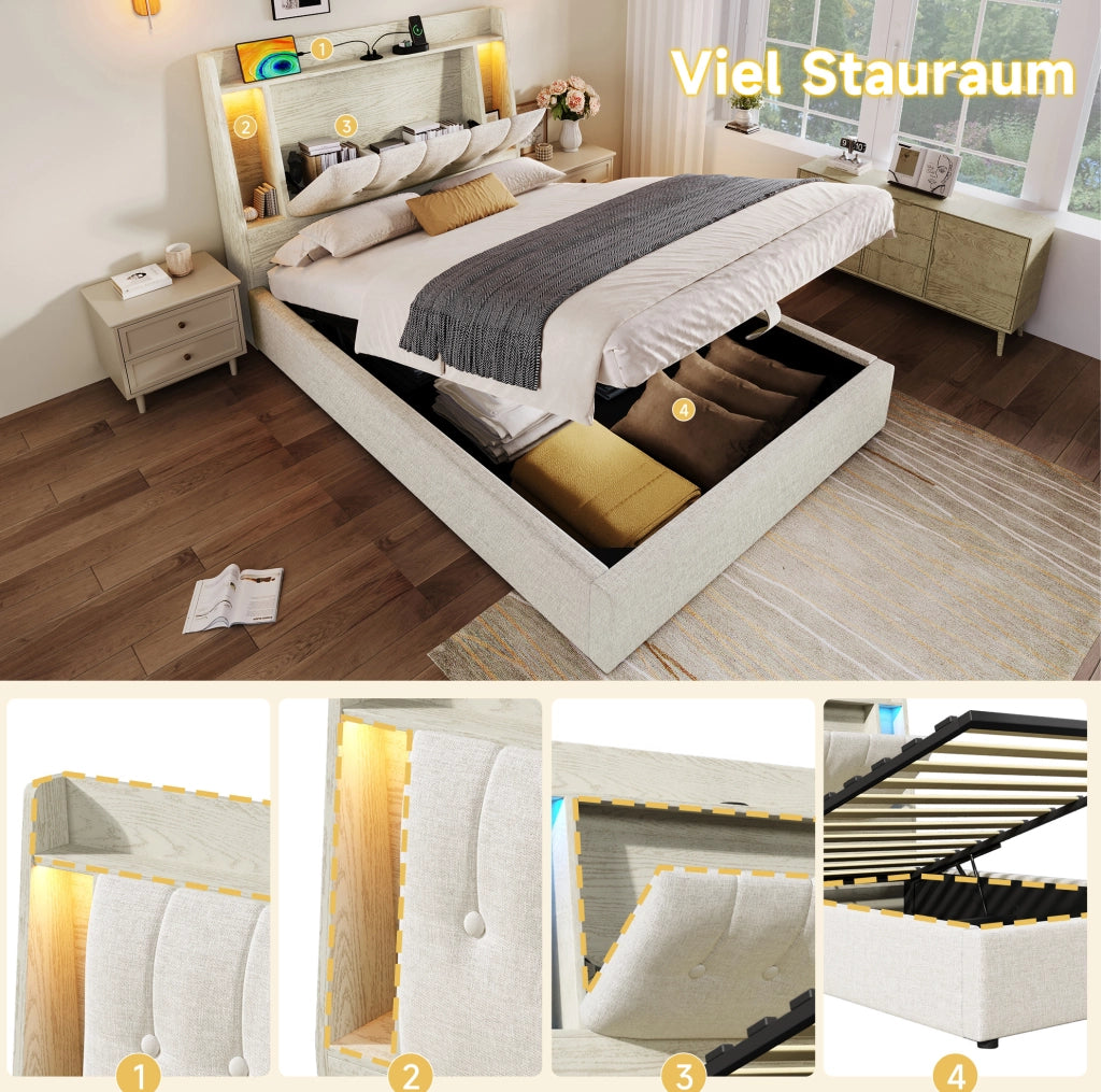 Letto imbottito 90x200 cm con LED e porte USB-C, beige