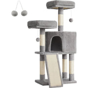 Tiragraffi per gatti a torre con cuccia e amaca grigio chiaro