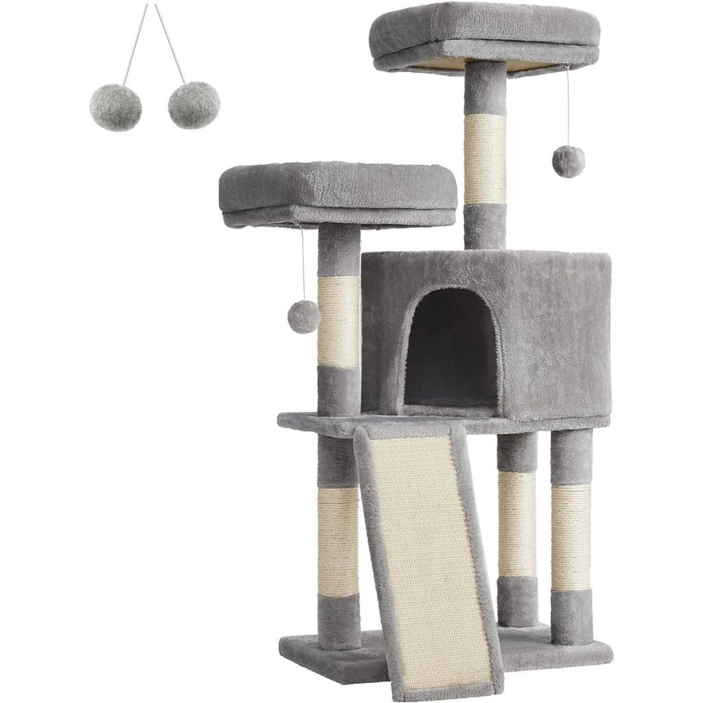 Tiragraffi per gatti a torre con cuccia e amaca grigio chiaro