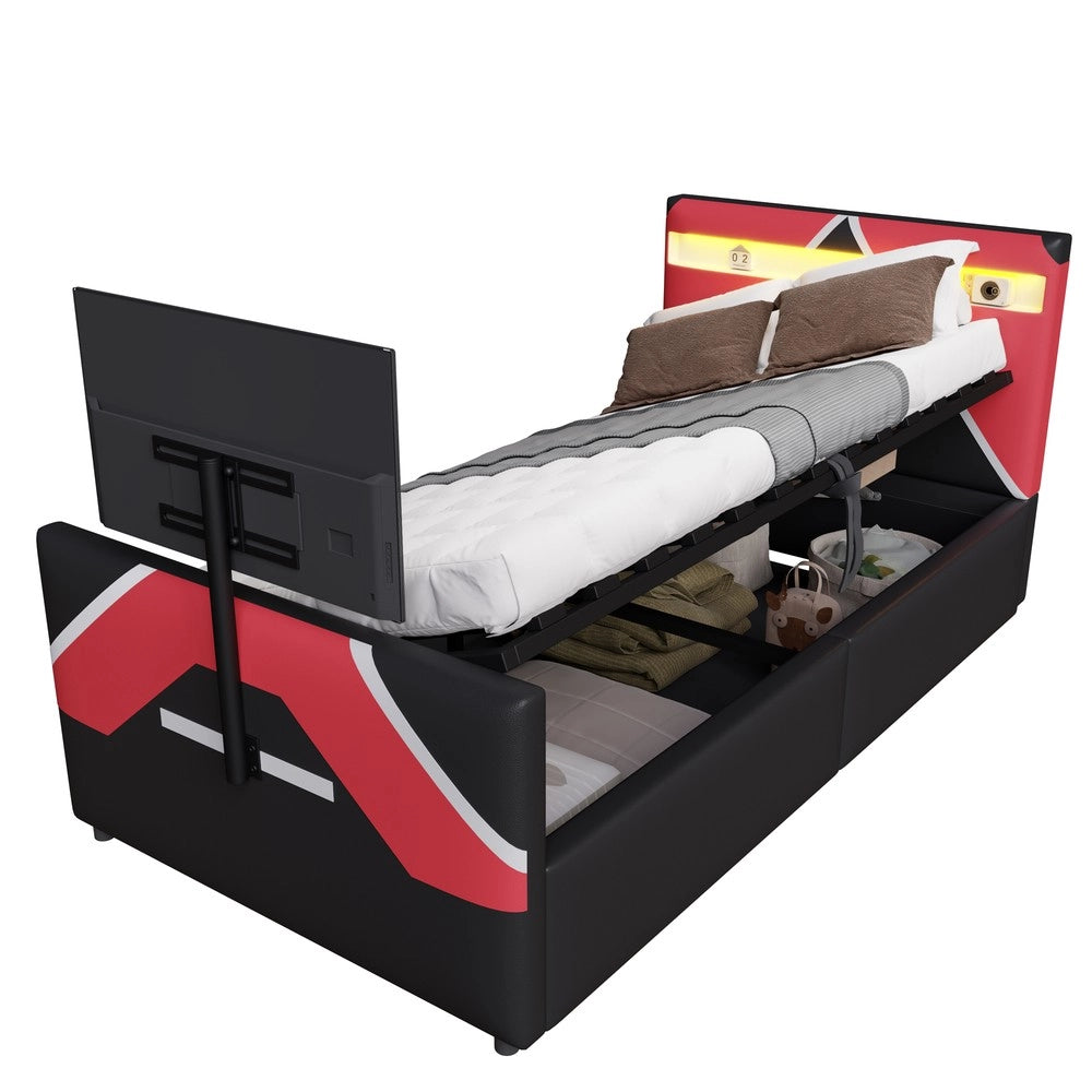 Letto Singolo Gaming 90x200 con LED, Contenitore Idraulico e Struttura Imbottita ¨C MINIMAL ¨C Nero