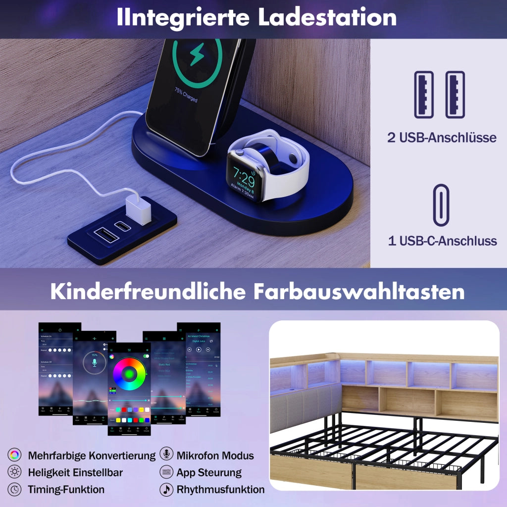 Letto a giorno con illuminazione LED USB Type C e cassetti in MDF metallo 140x200 cm