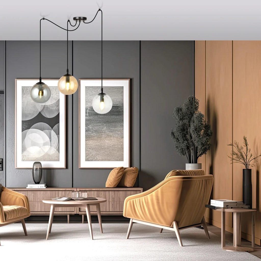 Lampadario 3 Luci Ginevra In Acciaio Nero Con Cavo Lungo E Vetri Multicolor
